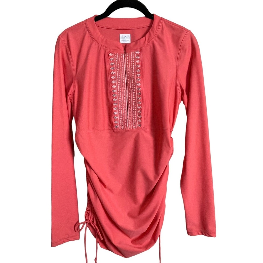 Cabana Life Rash Guard Womens Medium Coral Pink Embroidered Long Sleeve Swim Top